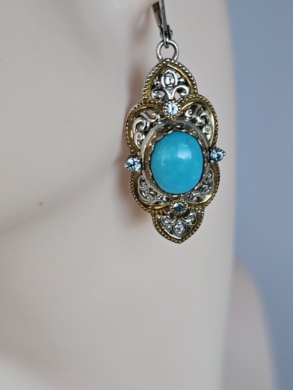 Sleeping Beauty Turquoise & Blue Topaz  Earrings Sterling Silver 18K - Picture 4 of 6